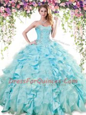 Baby Blue Sleeveless Organza and Taffeta Lace Up Quince Ball Gowns for Military Ball and Sweet 16 and Quinceanera