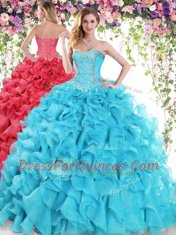 Delicate Baby Blue Sweet 16 Dresses Military Ball and Sweet 16 and Quinceanera and For with Beading and Ruffles Sweetheart Sleeveless Sweep Train Lace Up