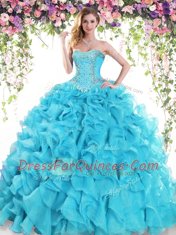 Delicate Baby Blue Sweet 16 Dresses Military Ball and Sweet 16 and Quinceanera and For with Beading and Ruffles Sweetheart Sleeveless Sweep Train Lace Up
