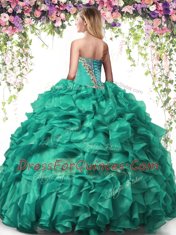 Lovely Floor Length Lace Up Sweet 16 Dress Turquoise for Military Ball and Sweet 16 and Quinceanera with Beading and Ruffles