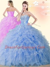 Floor Length Lace Up Quinceanera Gowns Blue for Military Ball and Sweet 16 and Quinceanera with Beading and Ruffles