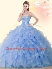 Floor Length Lace Up Quinceanera Gowns Blue for Military Ball and Sweet 16 and Quinceanera with Beading and Ruffles