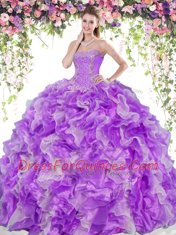 Fashionable White And Purple Lace Up Sweet 16 Dress Beading and Ruffles Sleeveless Floor Length