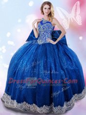 Artistic Halter Top Beading and Bowknot Quince Ball Gowns Royal Blue Lace Up Sleeveless Floor Length