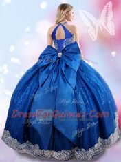 Artistic Halter Top Beading and Bowknot Quince Ball Gowns Royal Blue Lace Up Sleeveless Floor Length