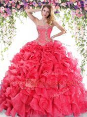 Organza Sweetheart Sleeveless Sweep Train Lace Up Beading and Ruffles Ball Gown Prom Dress in Red
