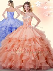 Orange Lace Up Sweetheart Beading and Ruffles Vestidos de Quinceanera Organza Sleeveless