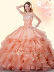 Orange Lace Up Sweetheart Beading and Ruffles Vestidos de Quinceanera Organza Sleeveless