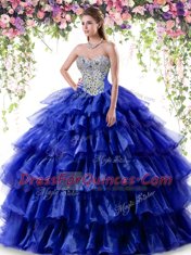 Trendy Royal Blue Sweetheart Neckline Beading and Ruffled Layers 15th Birthday Dress Sleeveless Lace Up