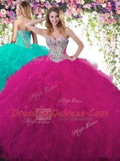 Fashionable Fuchsia Ball Gowns Sweetheart Sleeveless Tulle Floor Length Lace Up Beading and Ruffles Quinceanera Dresses