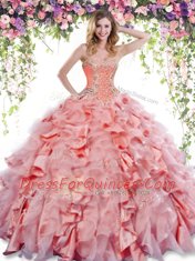 Watermelon Red Sleeveless Floor Length Beading and Ruffles Lace Up Quince Ball Gowns