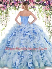 Watermelon Red Sleeveless Floor Length Beading and Ruffles Lace Up Quince Ball Gowns