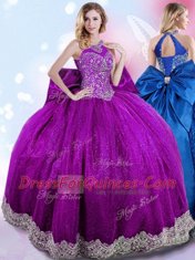 Custom Designed Halter Top Eggplant Purple Sleeveless Floor Length Beading and Bowknot Lace Up Vestidos de Quinceanera