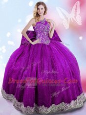 Custom Designed Halter Top Eggplant Purple Sleeveless Floor Length Beading and Bowknot Lace Up Vestidos de Quinceanera