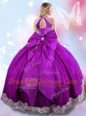 Custom Designed Halter Top Eggplant Purple Sleeveless Floor Length Beading and Bowknot Lace Up Vestidos de Quinceanera