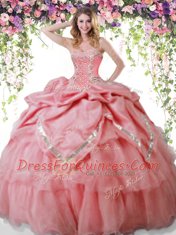 Sleeveless Floor Length Beading and Pick Ups Lace Up Ball Gown Prom Dress with Watermelon Red
