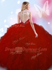Fancy Ball Gowns Quinceanera Gown Wine Red High-neck Tulle Sleeveless Floor Length Zipper