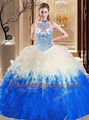 Designer Halter Top Sleeveless Tulle Floor Length Lace Up Quinceanera Dress in Blue And White with Beading and Ruffles