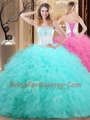 Blue Tulle Lace Up Strapless Sleeveless Floor Length Sweet 16 Dress Embroidery