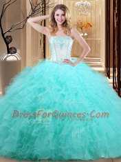 Blue Tulle Lace Up Strapless Sleeveless Floor Length Sweet 16 Dress Embroidery