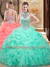 Halter Top Apple Green Lace Up Ball Gown Prom Dress Beading and Ruffles and Pick Ups Sleeveless Floor Length