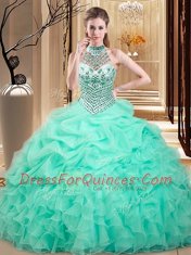 Halter Top Apple Green Lace Up Ball Gown Prom Dress Beading and Ruffles and Pick Ups Sleeveless Floor Length