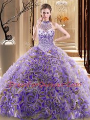 Dramatic Halter Top With Train Multi-color Quinceanera Dresses Fabric With Rolling Flowers Brush Train Sleeveless Beading