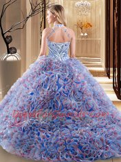 Dramatic Halter Top With Train Multi-color Quinceanera Dresses Fabric With Rolling Flowers Brush Train Sleeveless Beading