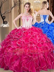 Custom Designed Organza Strapless Sleeveless Lace Up Embroidery and Ruffles 15th Birthday Dress in Coral Red