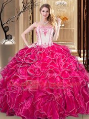 Custom Designed Organza Strapless Sleeveless Lace Up Embroidery and Ruffles 15th Birthday Dress in Coral Red