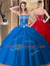 Customized Sleeveless Floor Length Embroidery Lace Up Quinceanera Dresses with Royal Blue