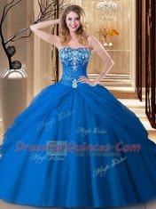 Customized Sleeveless Floor Length Embroidery Lace Up Quinceanera Dresses with Royal Blue