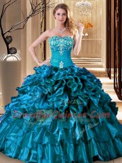 Enchanting Organza Sweetheart Sleeveless Lace Up Embroidery and Ruffles Vestidos de Quinceanera in Teal