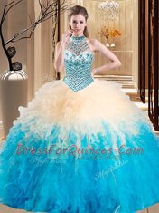 Multi-color Halter Top Neckline Beading and Ruffles 15th Birthday Dress Sleeveless Lace Up