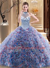 Trendy Halter Top Multi-color Ball Gowns Beading Ball Gown Prom Dress Lace Up Fabric With Rolling Flowers Sleeveless With Train
