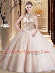 Dazzling Peach Sweet 16 Dresses Military Ball and Sweet 16 and Quinceanera and For with Beading Halter Top Sleeveless Brush Train Lace Up