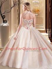 Dazzling Peach Sweet 16 Dresses Military Ball and Sweet 16 and Quinceanera and For with Beading Halter Top Sleeveless Brush Train Lace Up