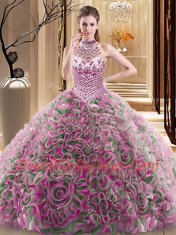 Cheap Halter Top With Train Lace Up Sweet 16 Dresses Multi-color for Military Ball and Sweet 16 and Quinceanera with Beading Brush Train