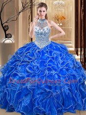 Glittering Halter Top Sleeveless Organza Floor Length Lace Up 15 Quinceanera Dress in Royal Blue with Beading and Ruffles