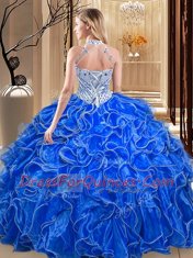 Glittering Halter Top Sleeveless Organza Floor Length Lace Up 15 Quinceanera Dress in Royal Blue with Beading and Ruffles