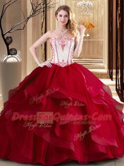 Wine Red Ball Gowns Strapless Sleeveless Tulle Floor Length Lace Up Embroidery Sweet 16 Dress