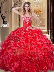 Fashionable Organza Sweetheart Sleeveless Lace Up Embroidery and Ruffles Quinceanera Gowns in Coral Red