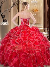 Fashionable Organza Sweetheart Sleeveless Lace Up Embroidery and Ruffles Quinceanera Gowns in Coral Red