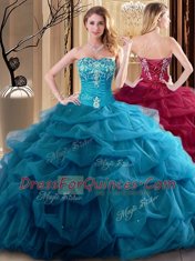 Noble Teal Ball Gowns Sweetheart Sleeveless Tulle Floor Length Lace Up Embroidery and Ruffles Quinceanera Dress