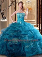 Noble Teal Ball Gowns Sweetheart Sleeveless Tulle Floor Length Lace Up Embroidery and Ruffles Quinceanera Dress