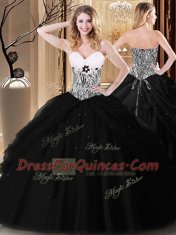 Black Ball Gowns Sweetheart Sleeveless Tulle Floor Length Lace Up Pick Ups and Pattern Vestidos de Quinceanera