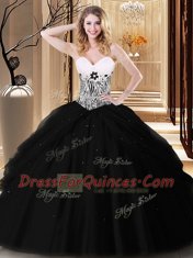 Black Ball Gowns Sweetheart Sleeveless Tulle Floor Length Lace Up Pick Ups and Pattern Vestidos de Quinceanera