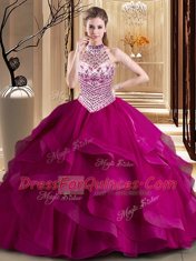 Delicate Fuchsia Halter Top Lace Up Beading and Ruffles Sweet 16 Dresses Brush Train Sleeveless