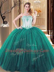 Green Lace Up Quince Ball Gowns Embroidery Sleeveless Floor Length