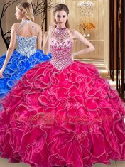 Best Selling Hot Pink Lace Up Halter Top Beading and Ruffles Sweet 16 Dress Organza Sleeveless